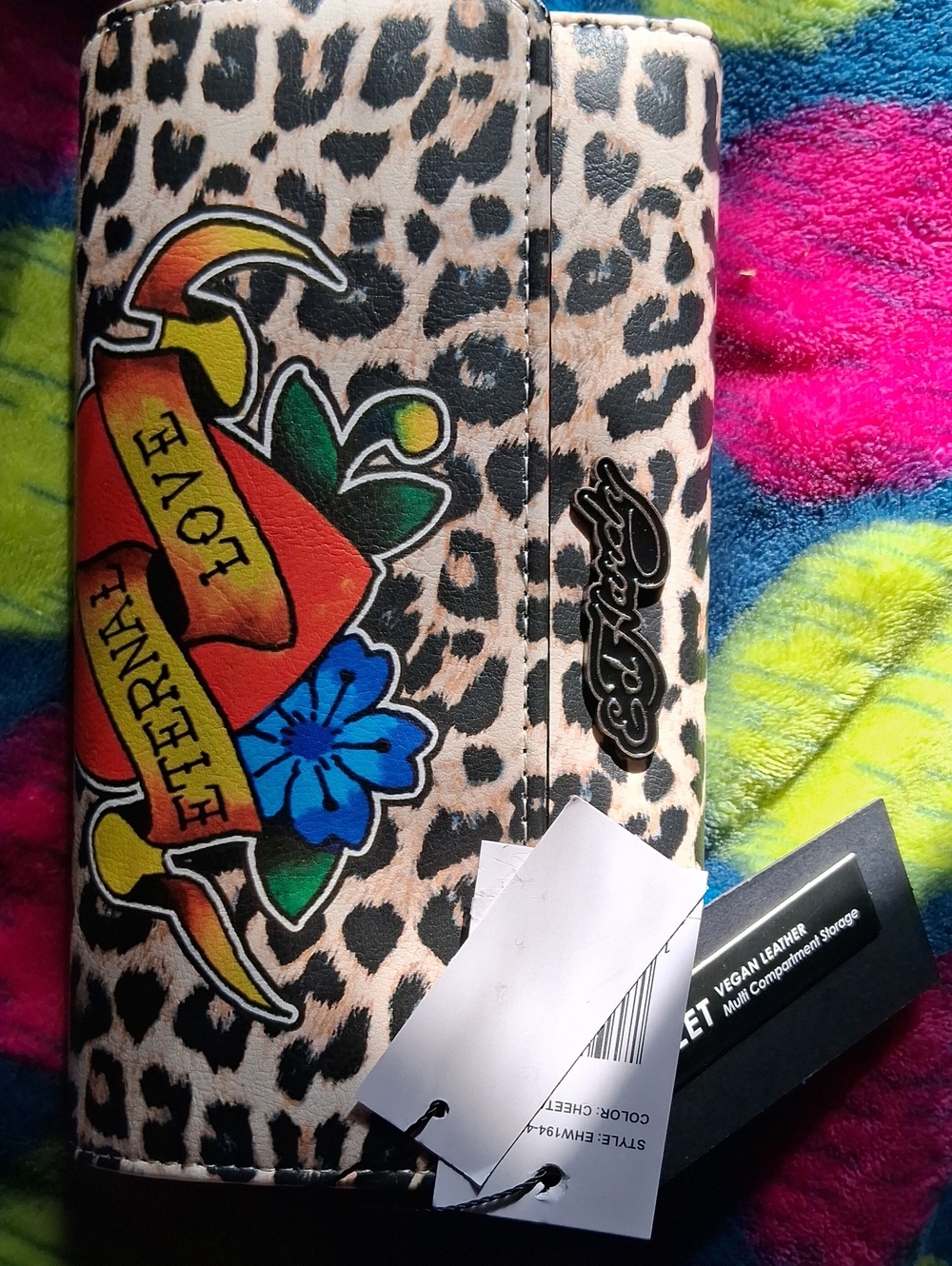 Ed Hardy Leopard-Print 'Eternal Love' Wallet with Colorful Tattoo Motif